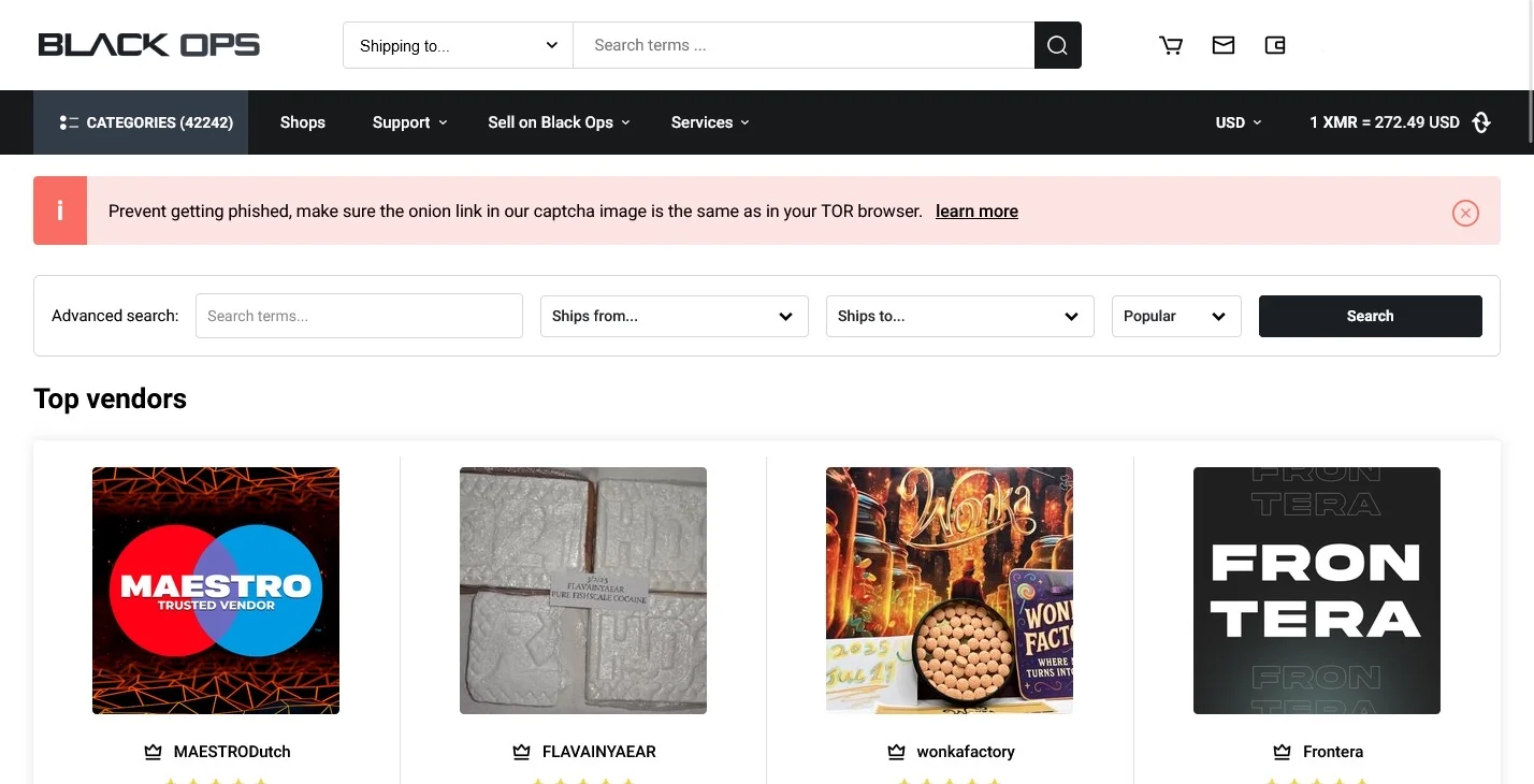 Black Ops Market dashboard — XMR-only darknet marketplace with hardened OPSEC interface